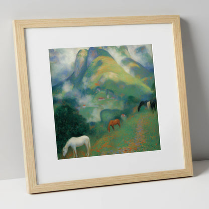 Luminous Alpine Valley horse landscape art print in natural frame
