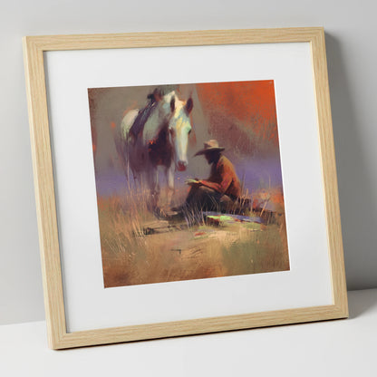 The Rider's Rest horse & rider art print in natural frame