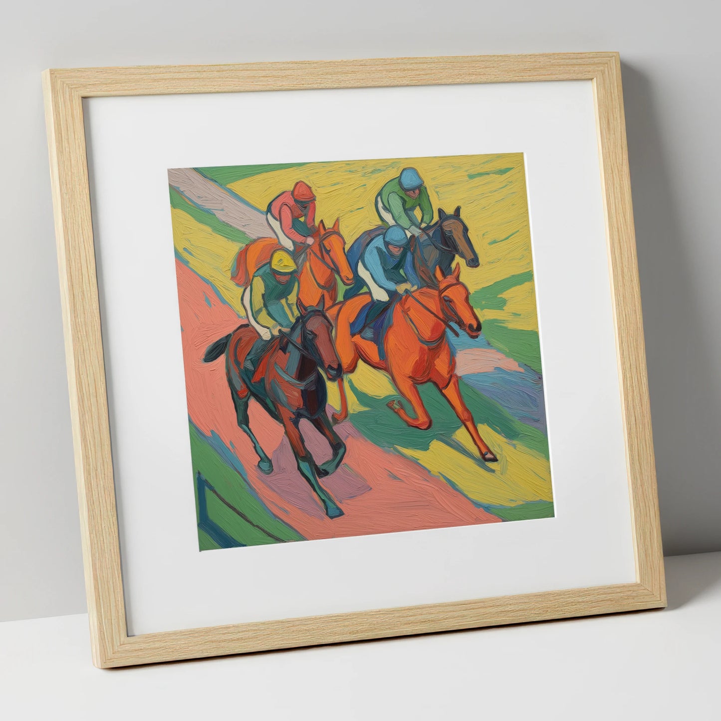 Colours of the Turf racing horse art print in natural frame