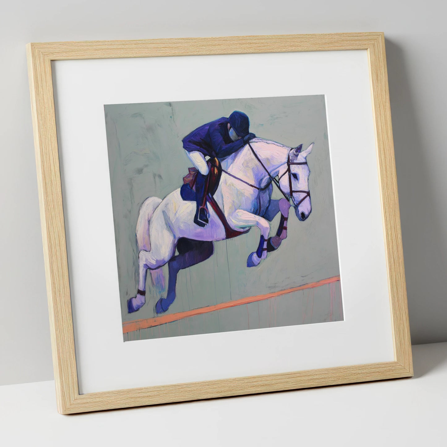 Suspended in Blue show jumping horse art print in natural frame
