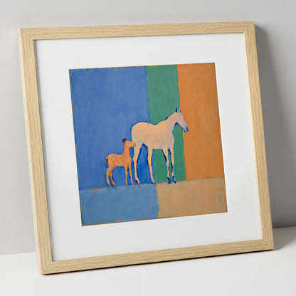 Cobalt and Terracotta Bond mare & foal art print in natural frame