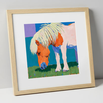 Vibrant Grazing Shetland Pony horse breed art print in natural frame