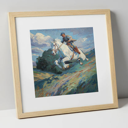 The Boundless Leap show jumping horse art print in natural frame