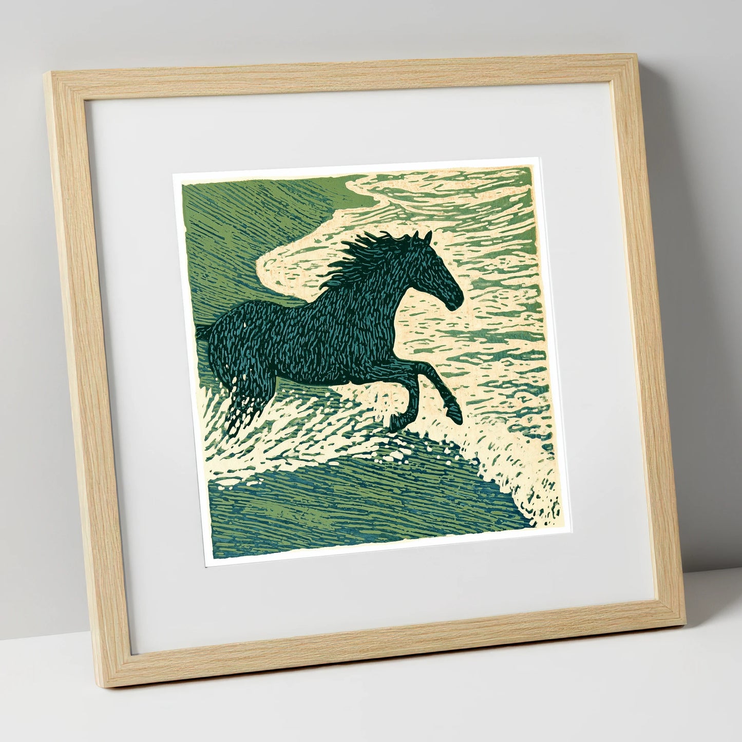 Wild Sea Canter beach horse art print in natural frame