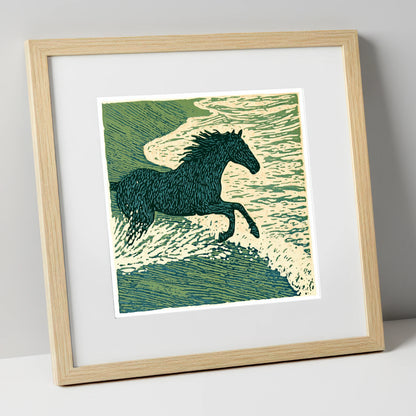 Wild Sea Canter beach horse art print in natural frame