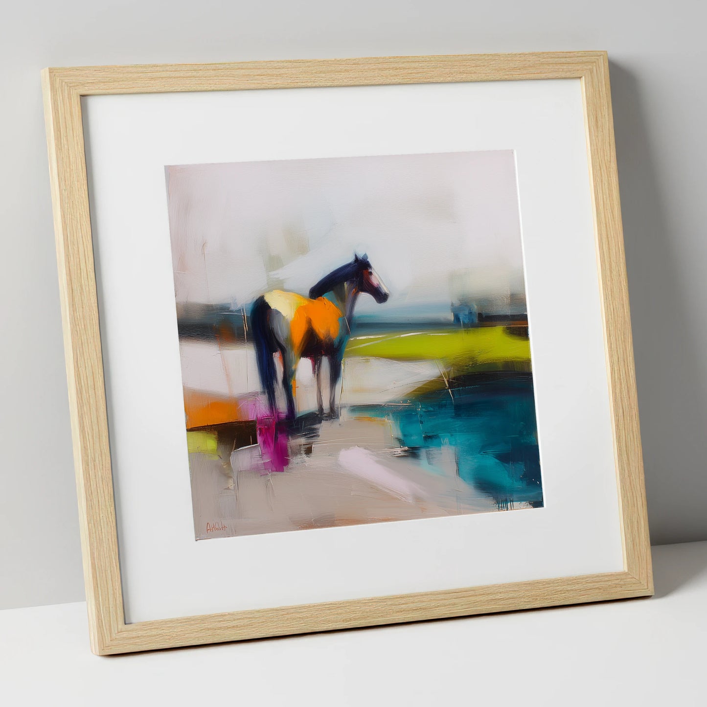 Abstract Equine Horizon horse landscape art print in natural frame