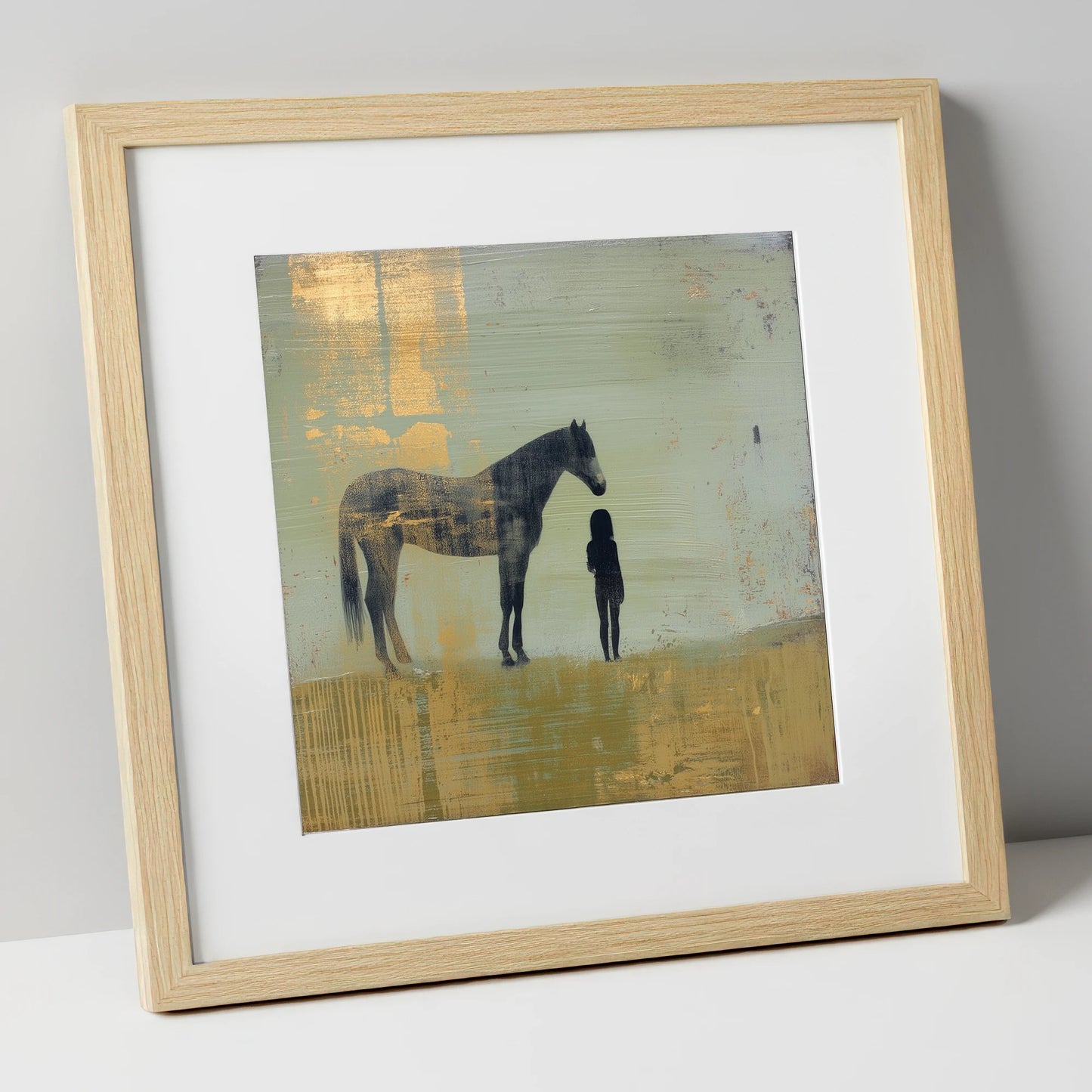 Gilded Connection horse & rider art print in natural frame