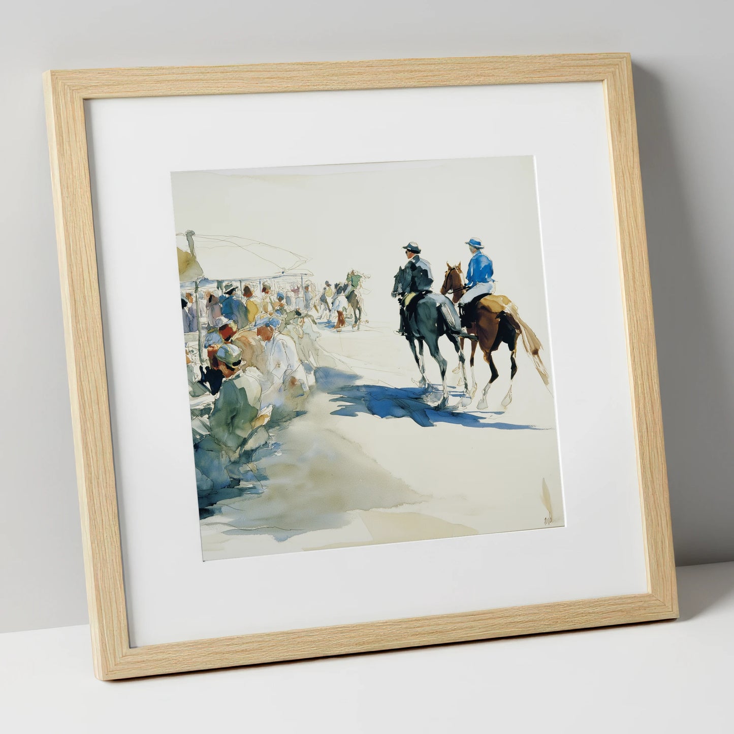 Leaving the Paddock racing horse art print in natural frame