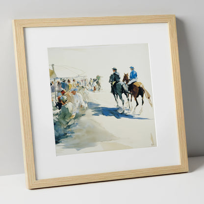 Leaving the Paddock racing horse art print in natural frame