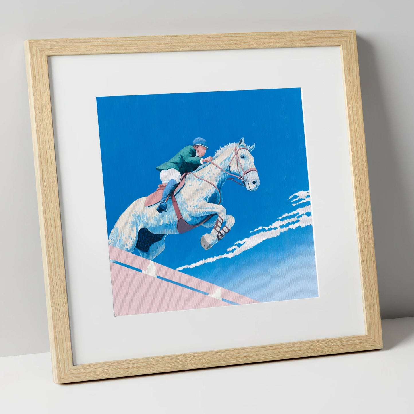 Airborne Over Blue show jumping horse art print in natural frame