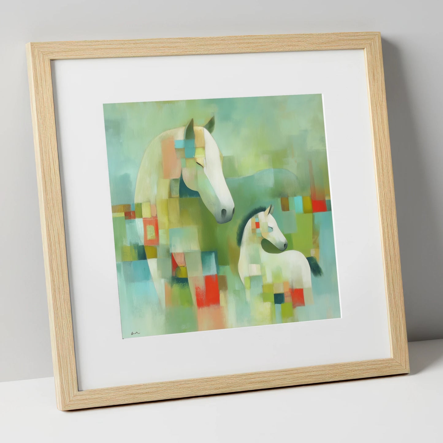 Structured Serenity mare & foal art print in natural frame