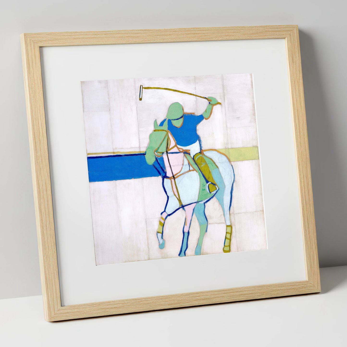Mid-Swing Momentum polo horse art print in natural frame