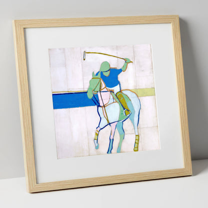 Mid-Swing Momentum polo horse art print in natural frame