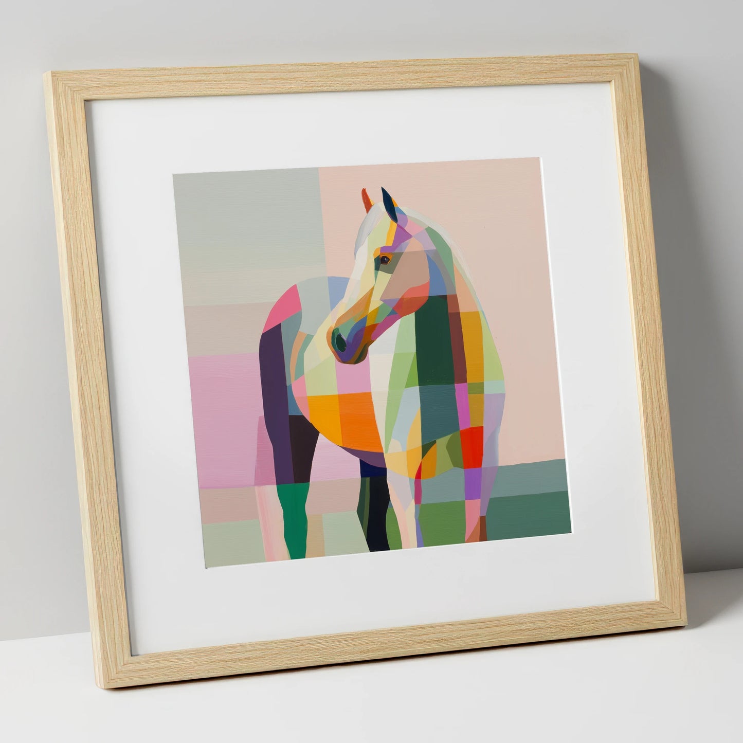 Vivid Equine Mosaic horse breed art print in natural frame