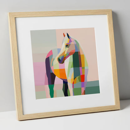 Vivid Equine Mosaic horse breed art print in natural frame