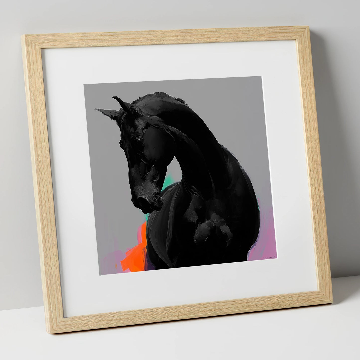Sculpted Obsidian horse breed art print in natural frame