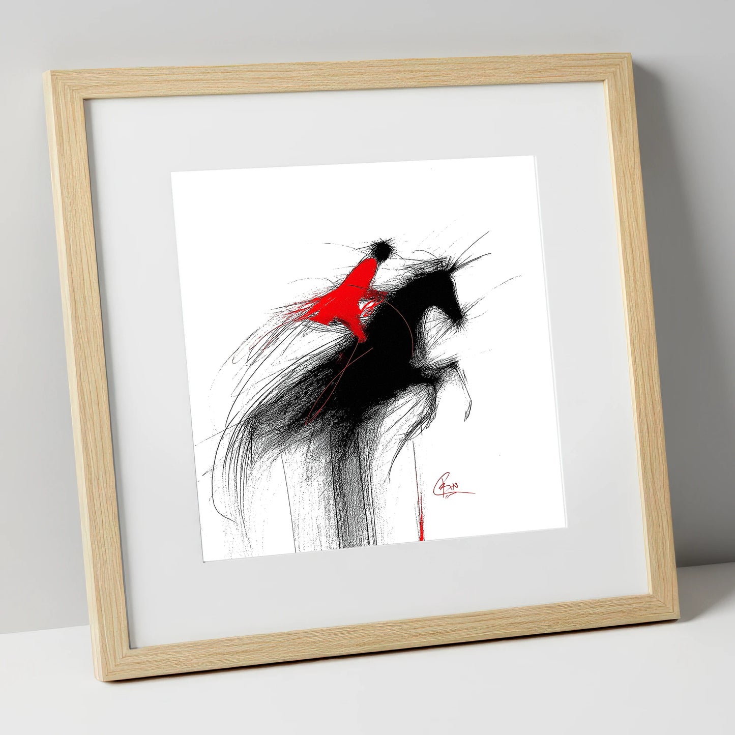 Crimson Flight show jumping horse art print in natural frame