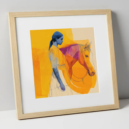 Vivid Bond horse & rider art print in natural frame