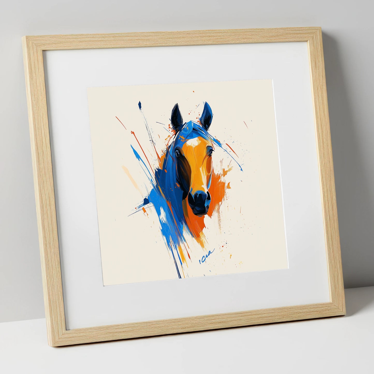 Indigo and Fire horse portrait art print in natural frame