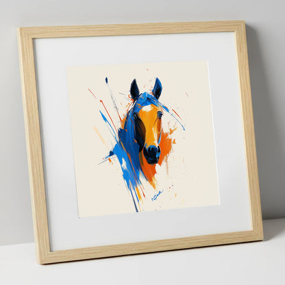 Indigo and Fire horse portrait art print in natural frame