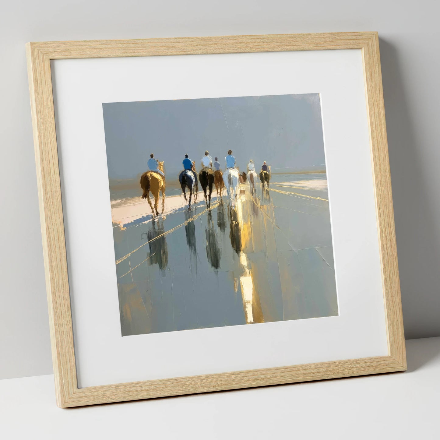 The Morning String racing horse art print in natural frame