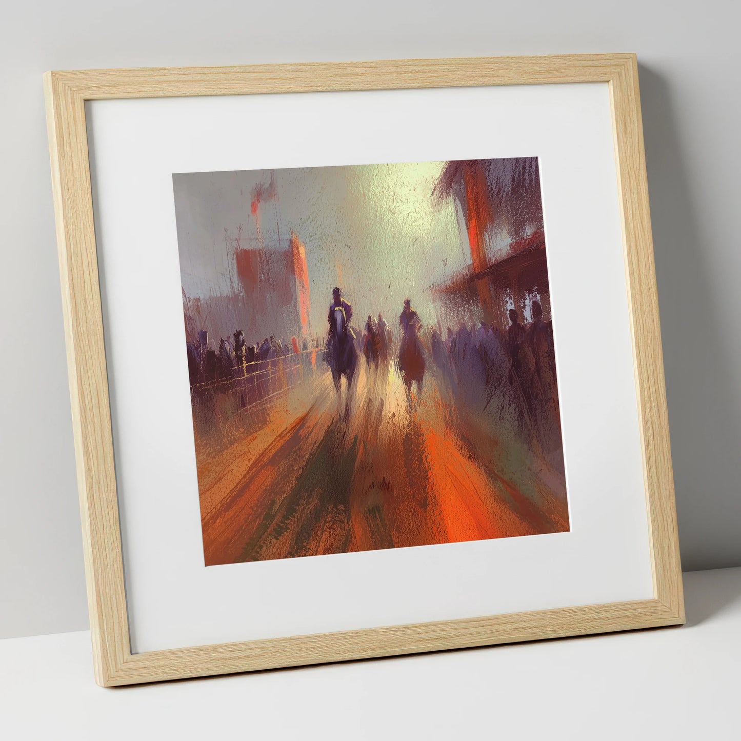 The Arena Haze show jumping horse art print in natural frame