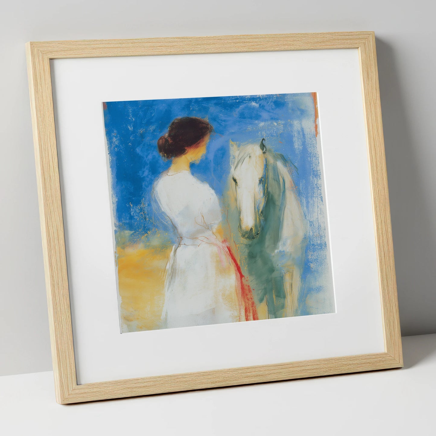 Whispers in Blue horse & rider art print in natural frame