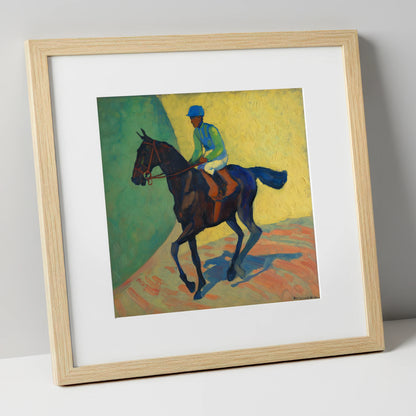 Vibrant Walk to Post racing horse art print in natural frame