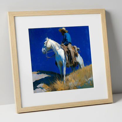 Cobalt Sky Rider western horse art print in natural frame