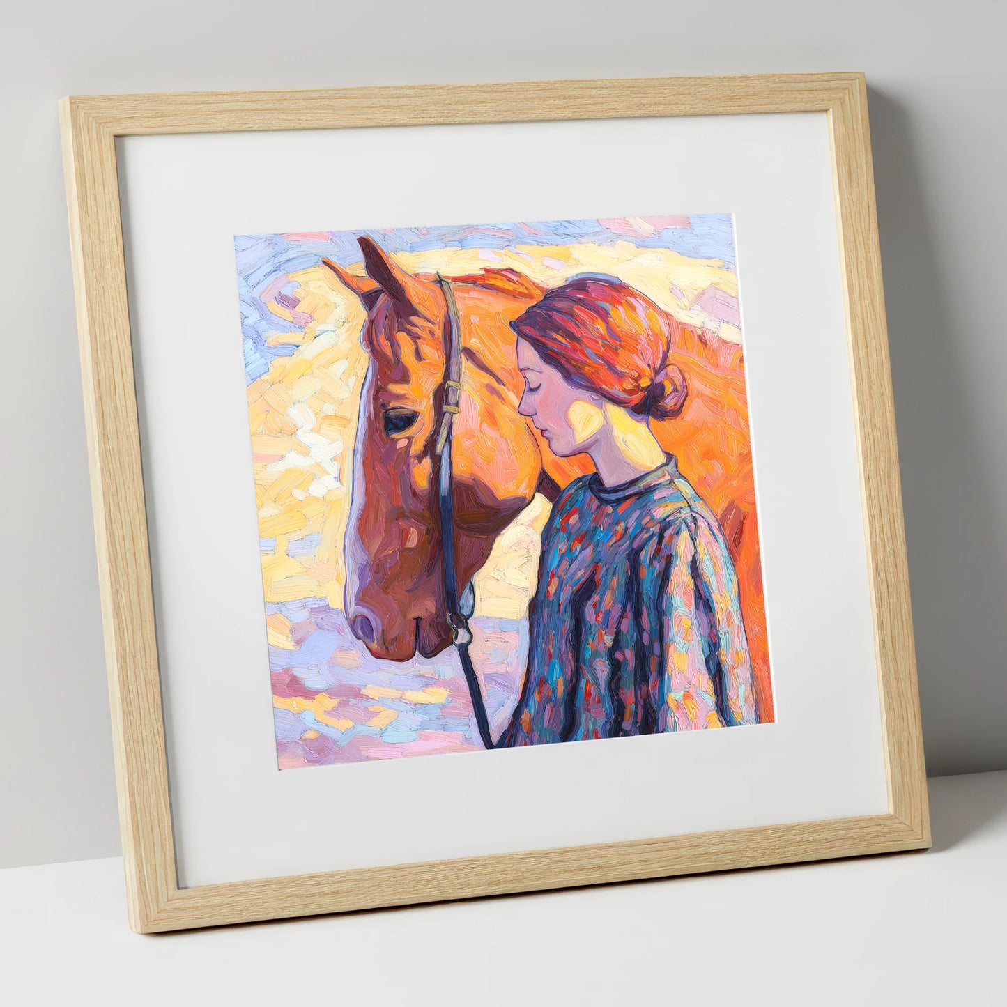 Radiant Connection horse & rider art print in natural frame