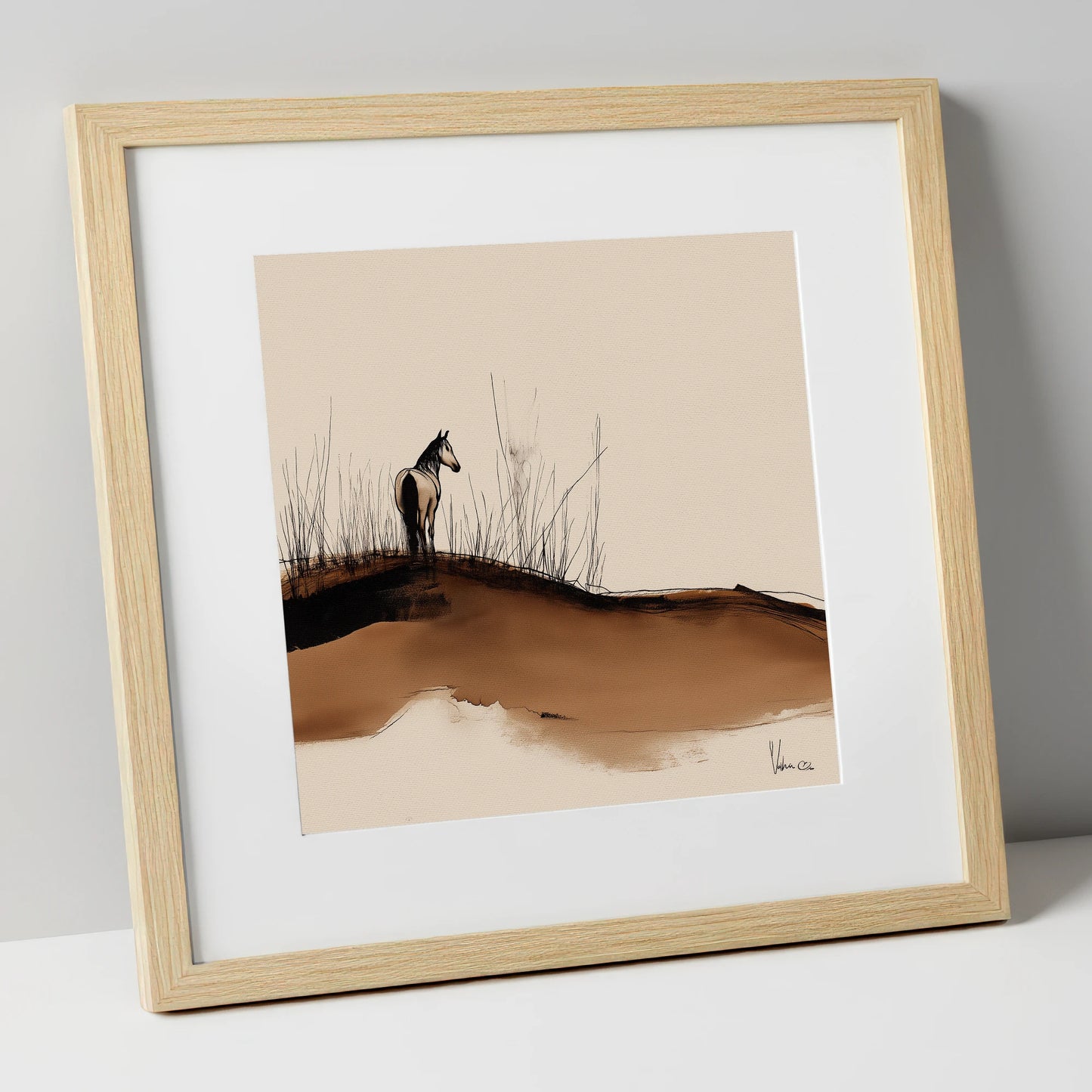 Solitude on the Ridge horse landscape art print in natural frame