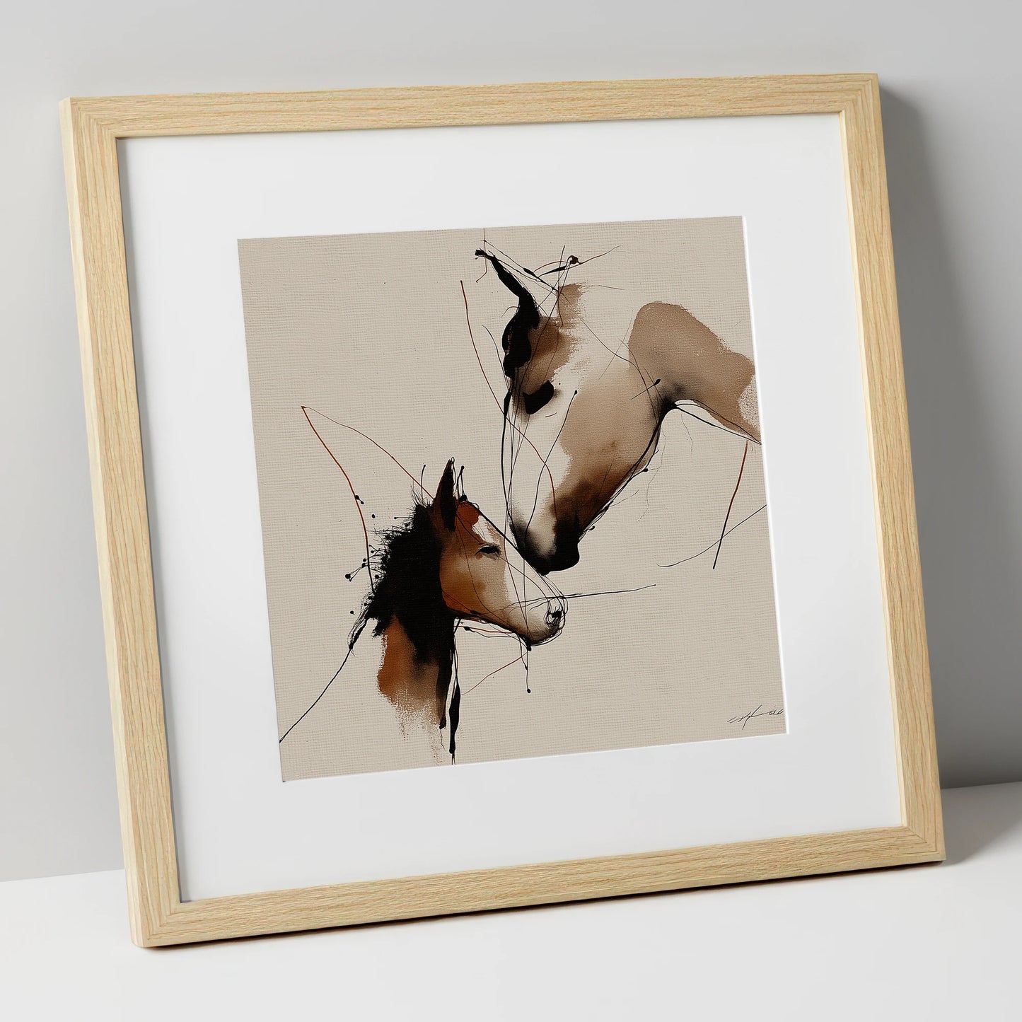 Tender Sepia Bond mare & foal art print in natural frame