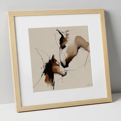 Tender Sepia Bond mare & foal art print in natural frame