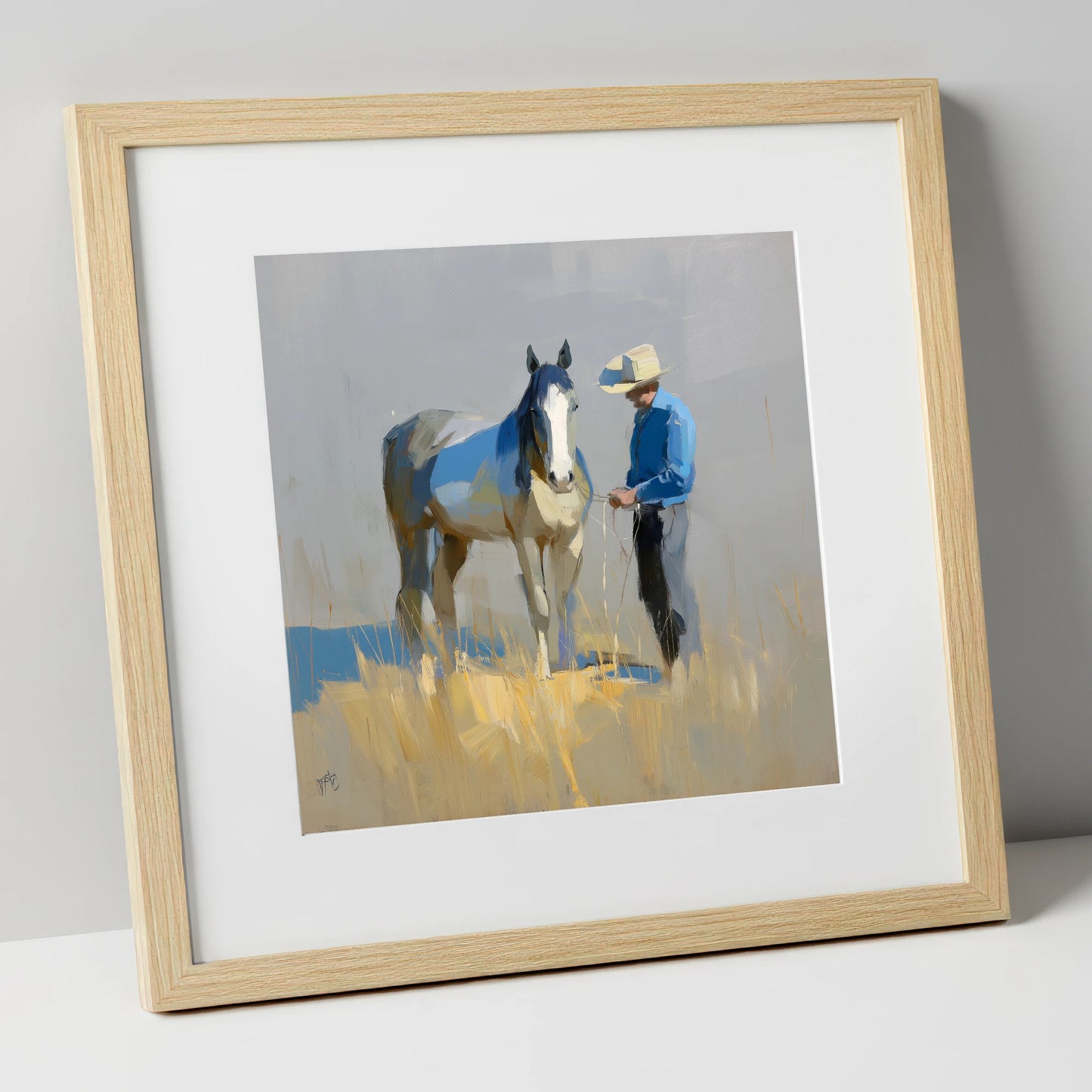 Sunlit Partnership horse & rider art print in natural frame