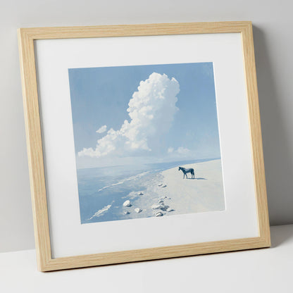 Solitary Coastal Watch horse landscape art print in natural frame