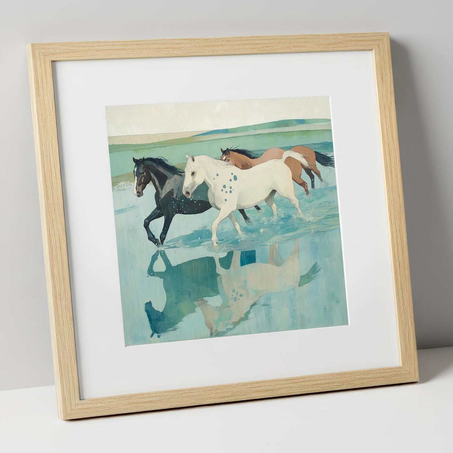 Tidal Canter wild horses art print in natural frame
