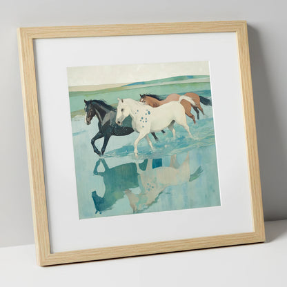 Tidal Canter wild horses art print in natural frame