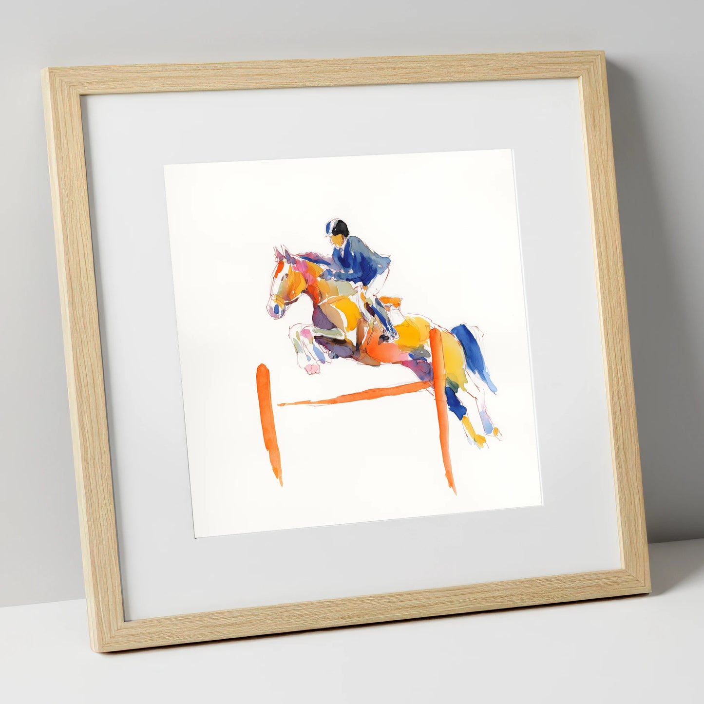 Vibrant Clear Round show jumping horse art print in natural frame