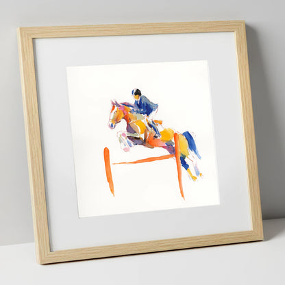 Vibrant Clear Round show jumping horse art print in natural frame
