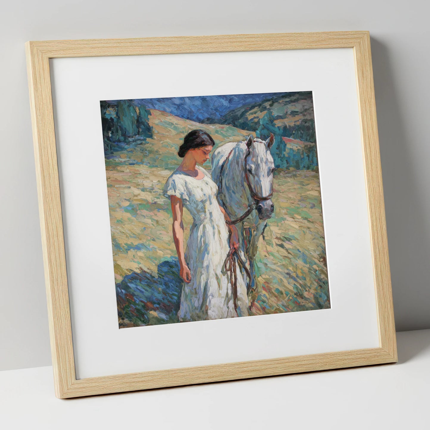 A Quiet Connection horse & rider art print in natural frame