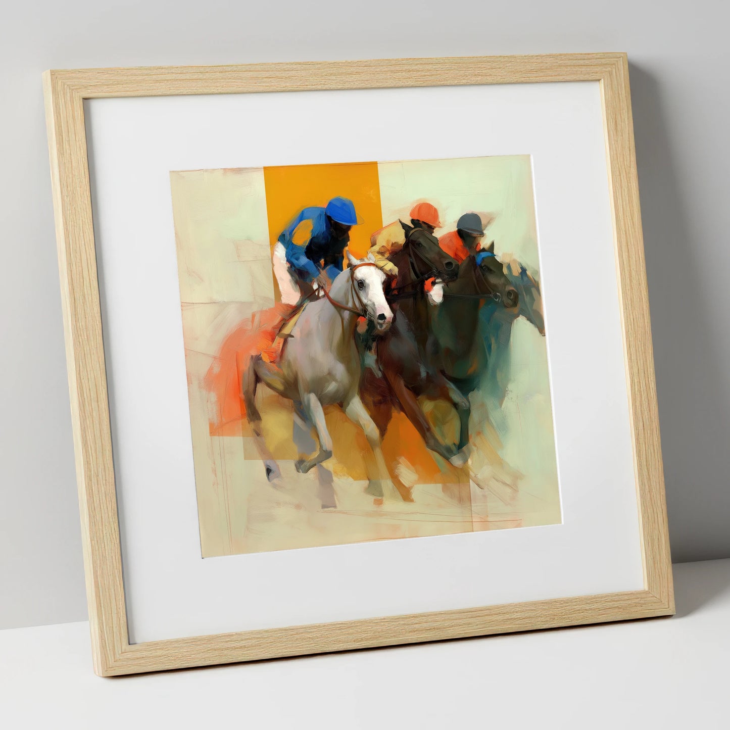 Surge to the Line racing horse art print in natural frame