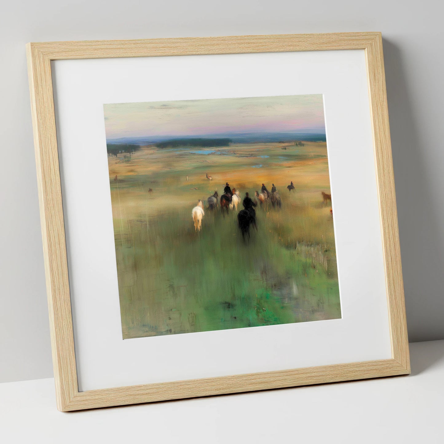 Riding Out horse landscape art print in natural frame