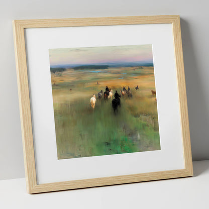Riding Out horse landscape art print in natural frame