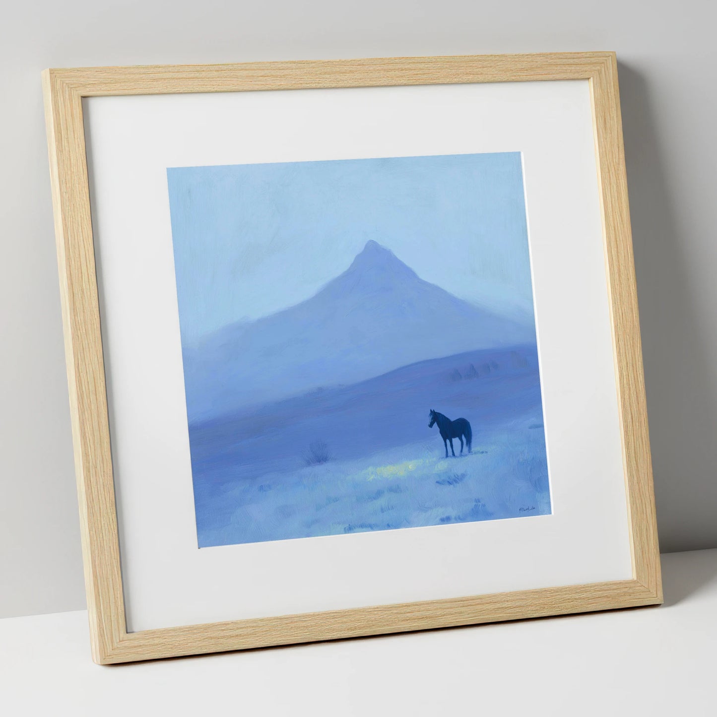 Azure Mountain Solitude horse landscape art print in natural frame