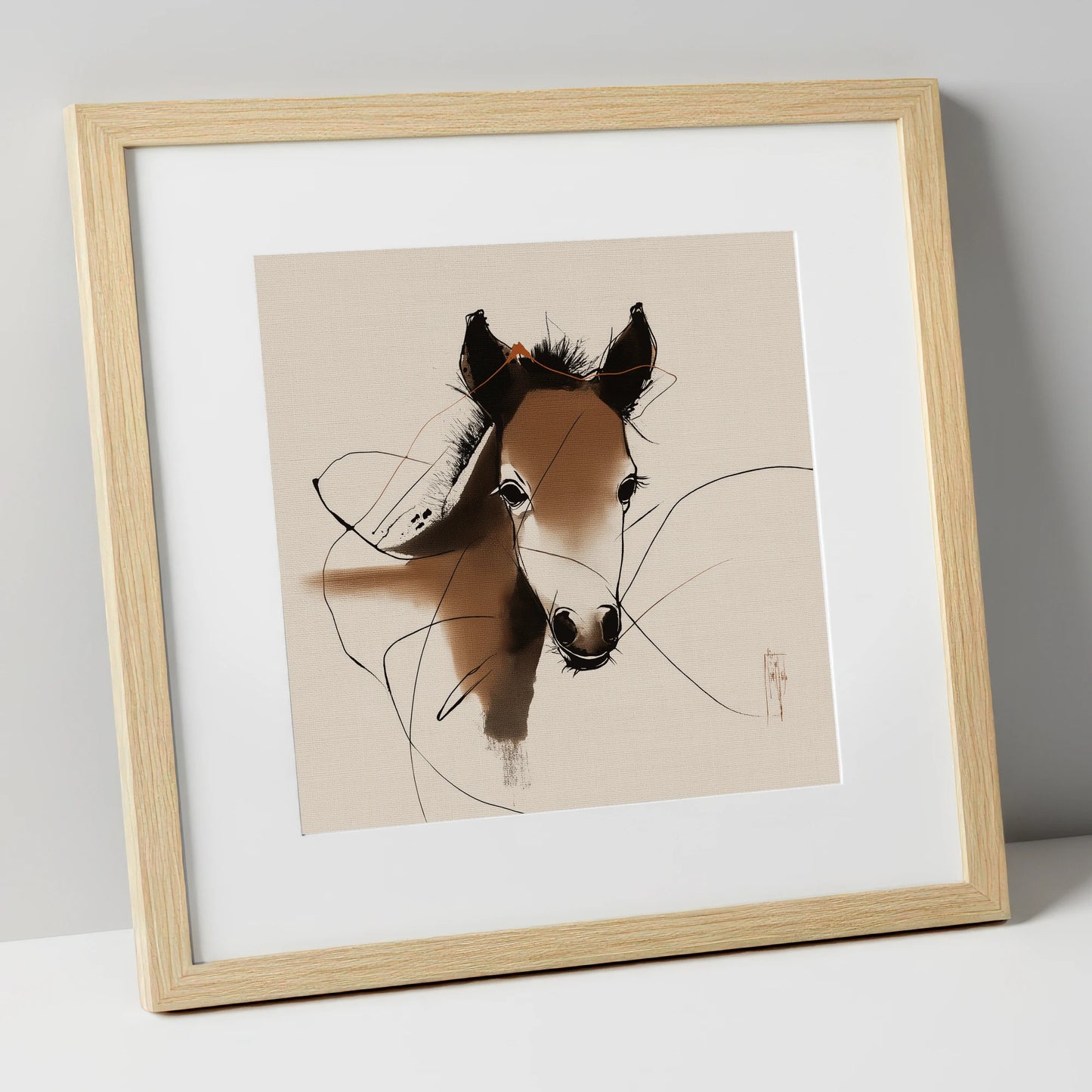 Curious Sepia Foal horse portrait art print in natural frame