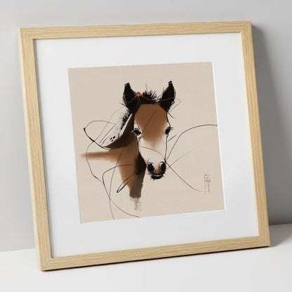 Curious Sepia Foal horse portrait art print in natural frame