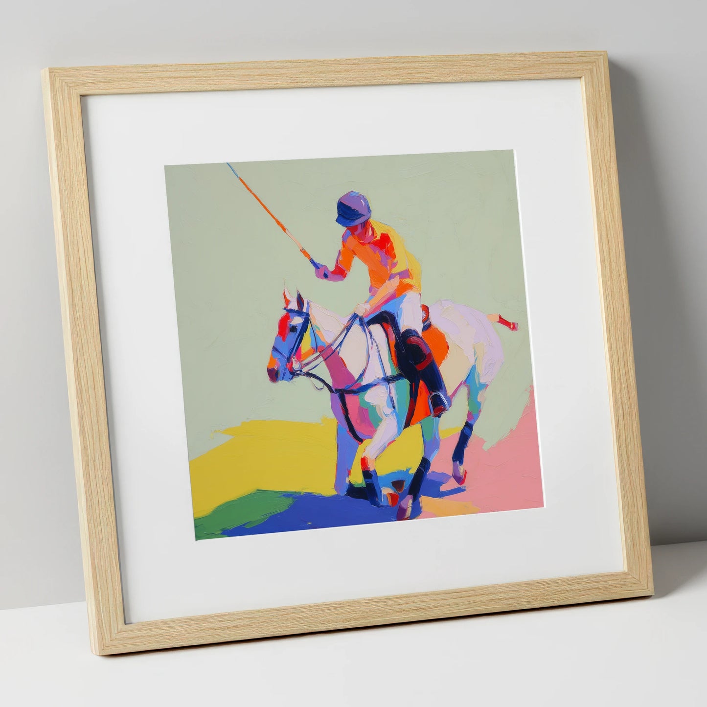 Vivid Midfield Strike polo horse art print in natural frame