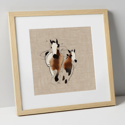 Bond In Motion mare & foal art print in natural frame