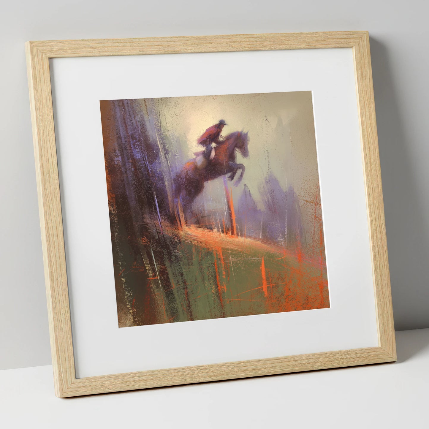 Flight Through the Haze show jumping horse art print in natural frame