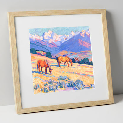 Grazing Beneath Violet Peaks horse landscape art print in natural frame